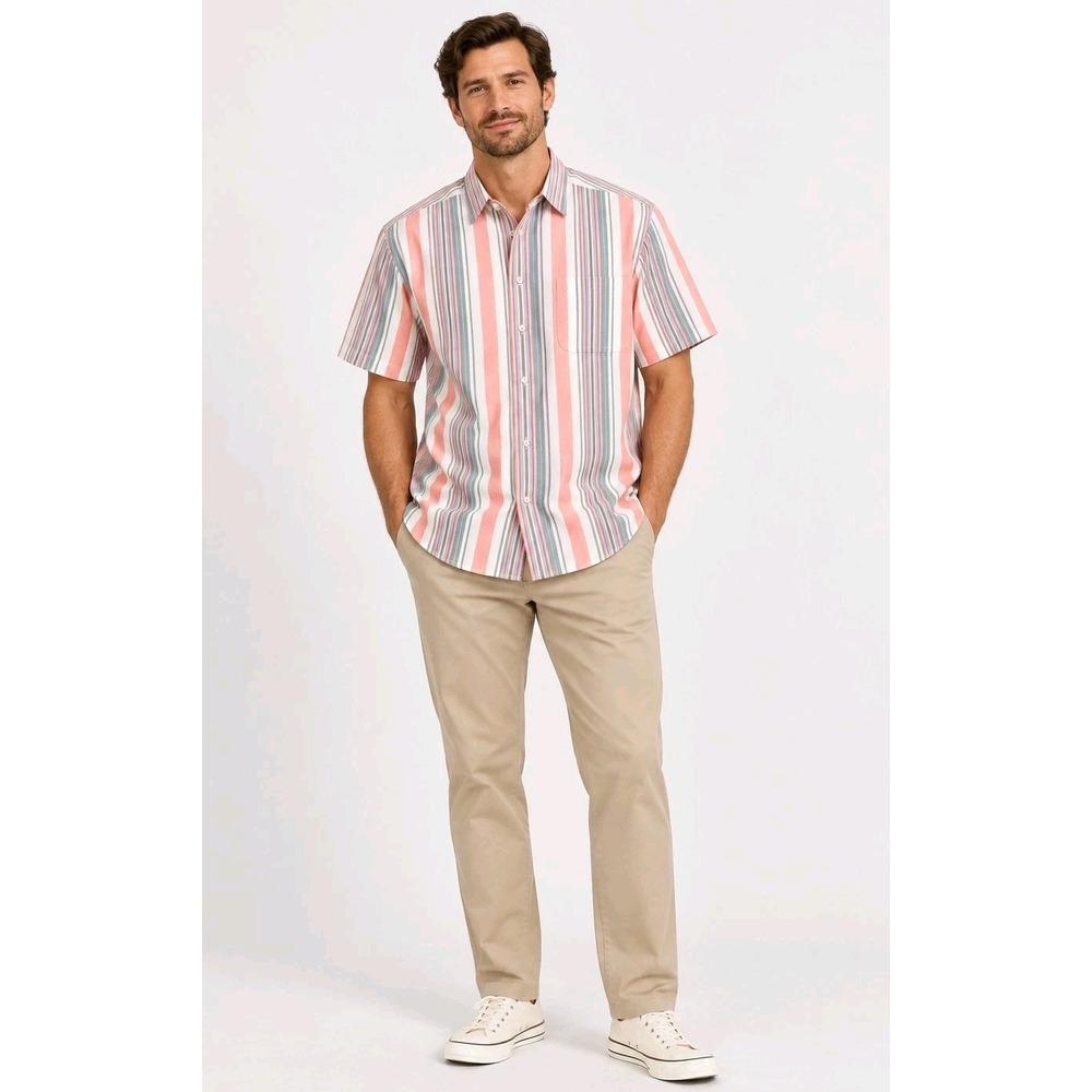 Vintage 90s Dockers Levi's Mens L Pink Green Stripe Cotton Shirt Heritage Coast